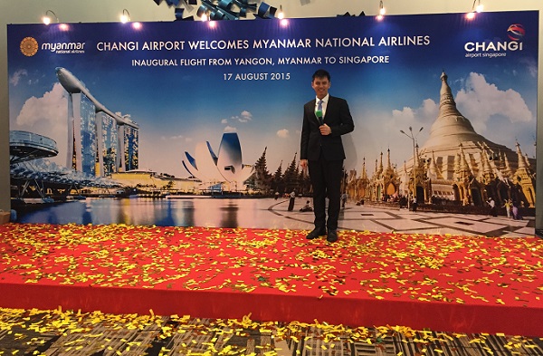 Myanmar National Airlines Inaugural flight with Myanmar Minister of Transport U Han Sein and Emcee Lester